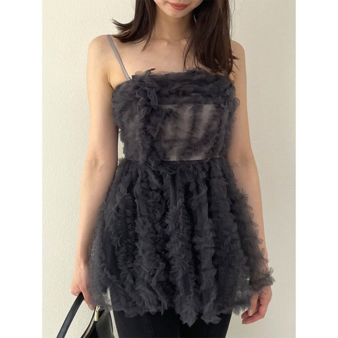 SNIDEL/スナイデル/チュール刺繍 ベアペプラムトップス/ダークグレー/キャミソール/フリルデザイン/ウエストゴム/バックファスナー拍卖