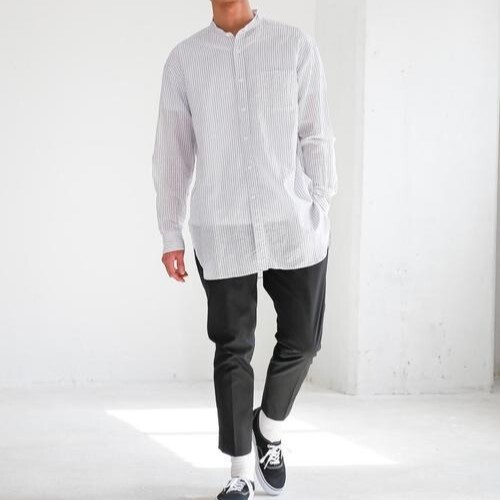 green label relaxing/グリーンレベルリラクシング/SC C/LI BIG/BAND/バンドカラー シャツ/3211-149-2198/長袖シャツ/ストライプ/ロング丈拍卖