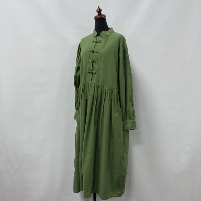 ●fu-dueka::/エーカ/チャイナワンピース/フロントチャイナボタン/ギャザーデザイン/ふんわりシルエット/ロングワンピース/グリーン系拍卖