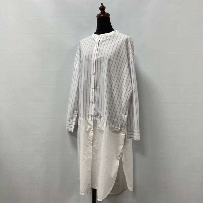 ●SO/エスオー/ウエスト切替チュニック/バンドカラーシャツワンピース/ロングワンピース/ストライプ/ラウンドヘム/サイドスリット/ポケット拍卖