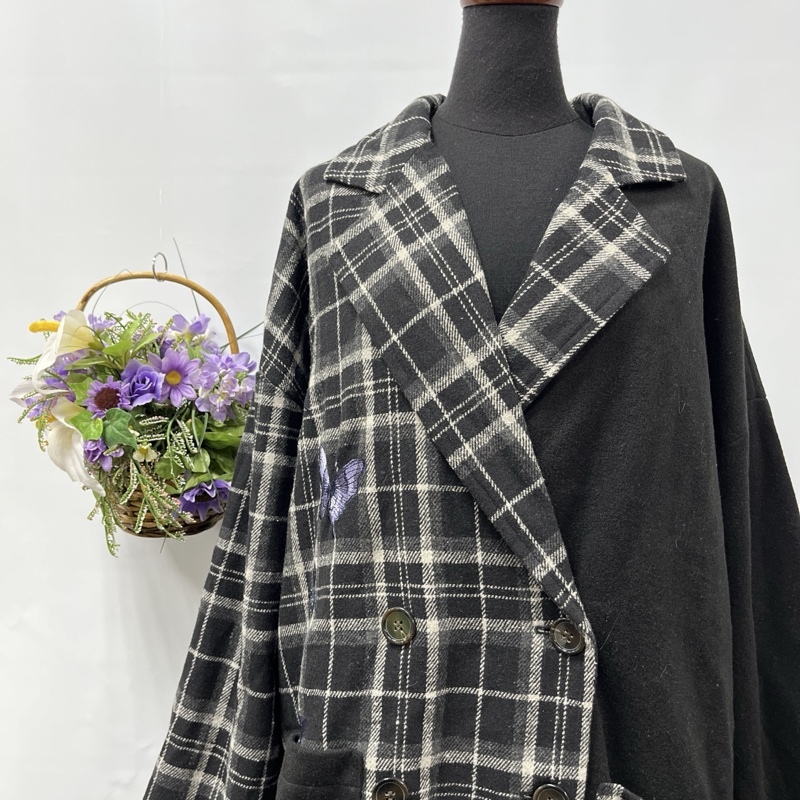 iS Scolar/イズ スカラー/タグ付き/チェック×蝶刺繍/ダブルブレステッドコート/タータンチェック/バタフライ/ダブル/ジャケット/ゆったり拍卖