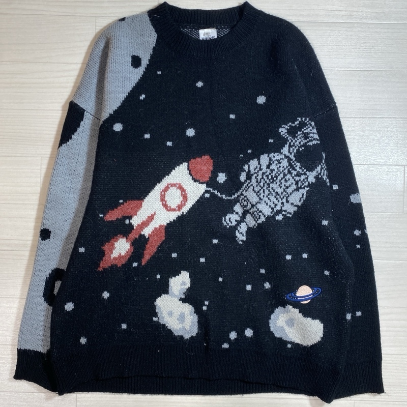 HOOK/フック/ユニセックス宇宙模様ニット風スウェット/ニット/ユニセックス/丸首/刺繍/宇宙柄/オーバーサイズ/XLサイズ/Autumn/Winter拍卖