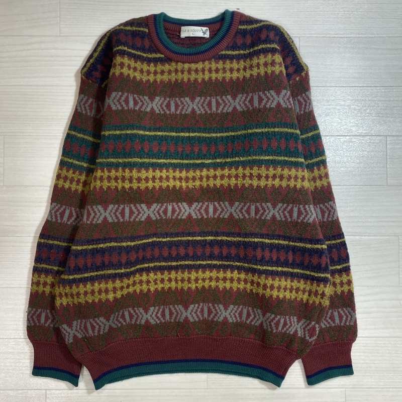 LYLE&SCOTT/ライル&スコット/ノルディック総柄ニットセーター/L11560/ゴルフウェア/ゴルフアパレル/レトロ/袖リブ/アクリルニット/Lサイズ拍卖