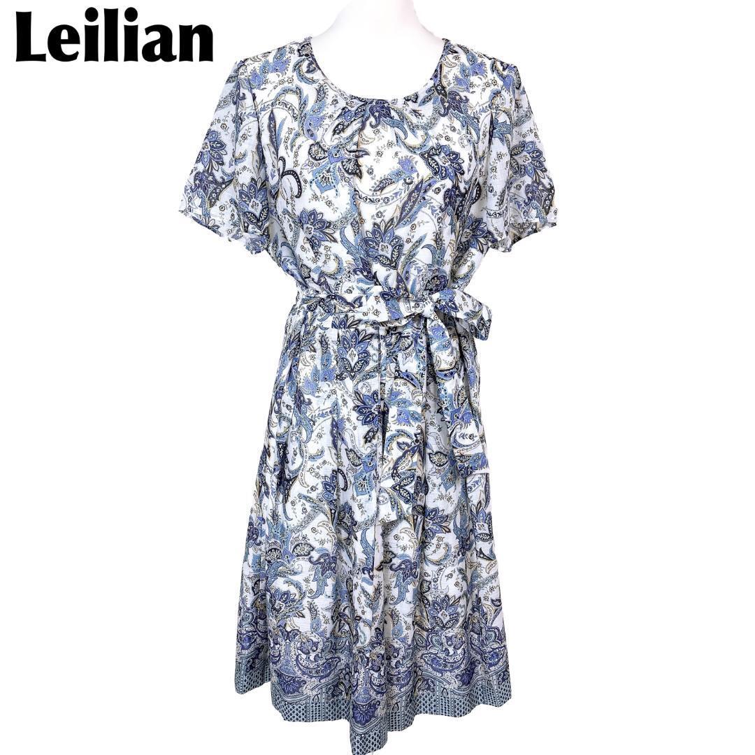 【美品】レリアン 半袖ブラウスワンピース ウエスト紐 13+ 花柄 白×水色拍卖