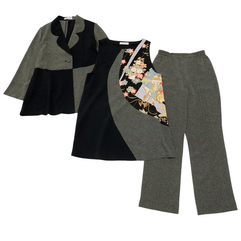 MH7799#3点セット*ヒトシタムラ*詩仙堂*ちりめん織り*ジャケット+ノースリーブチュニック+ロングパンツ*ちりめん織り*総柄*ブラック系拍卖