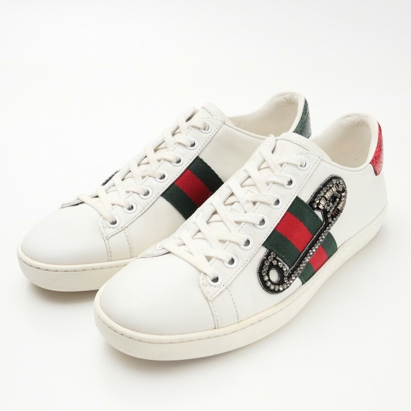 GR9093*イタリア製 GUCCI グッチ 36(23.5cm相当) エース ACE Safety Pin 安全ピンモチーフ ウェブストライプ レザースニーカーホワイト拍卖