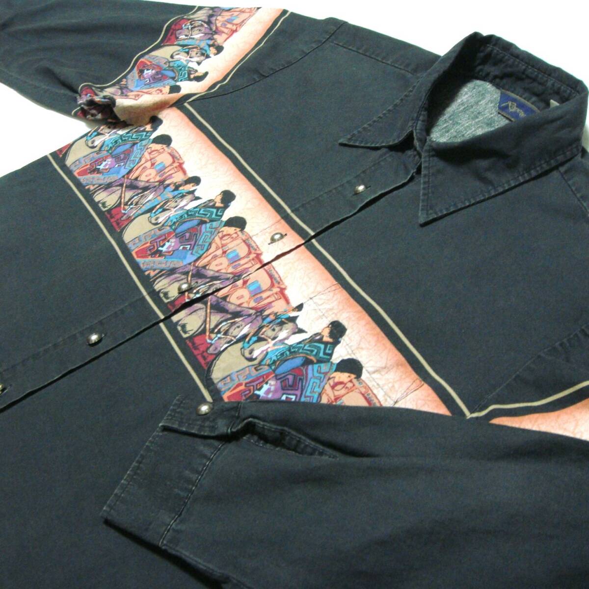 ■送料0 ^^ ローパー/Roper 【 黒 ネイティブ アメリカンの生活風景と馬 ウエスタンシャツ M 】 アメリカ 民族柄 USA古着 o7拍卖