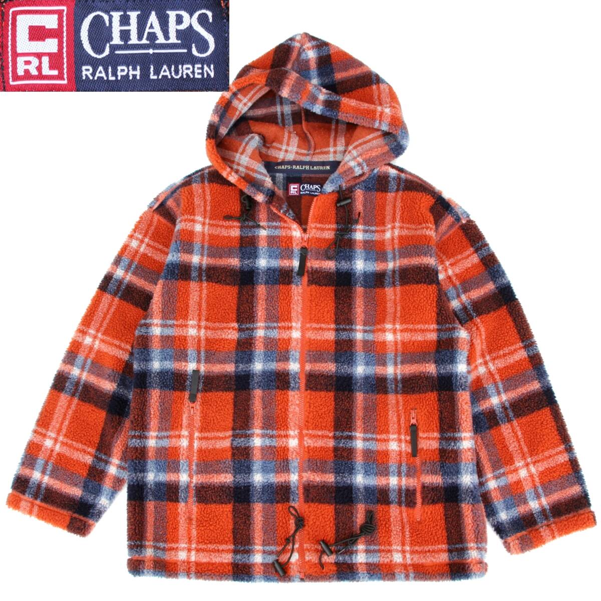 (33609)美品良品RalphLaurenラルフローレンCHAPSチャップス フリース ジャケットL(パーカー フード チャプス ヴィンテージ90s紺タグ旧タグ)拍卖
