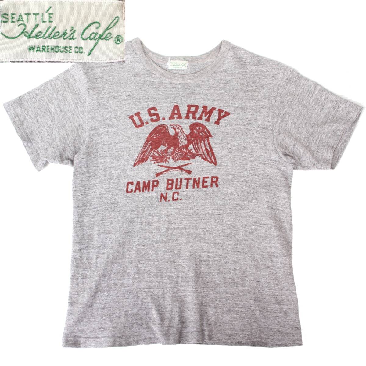 (59001)良品WAREHOUSEウエアハウス半袖TシャツS(36)(HELLERSCAFEヘラーズカフェ杢グレー灰クルーネック プリントTシャツ ヴィンテージ復刻)拍卖