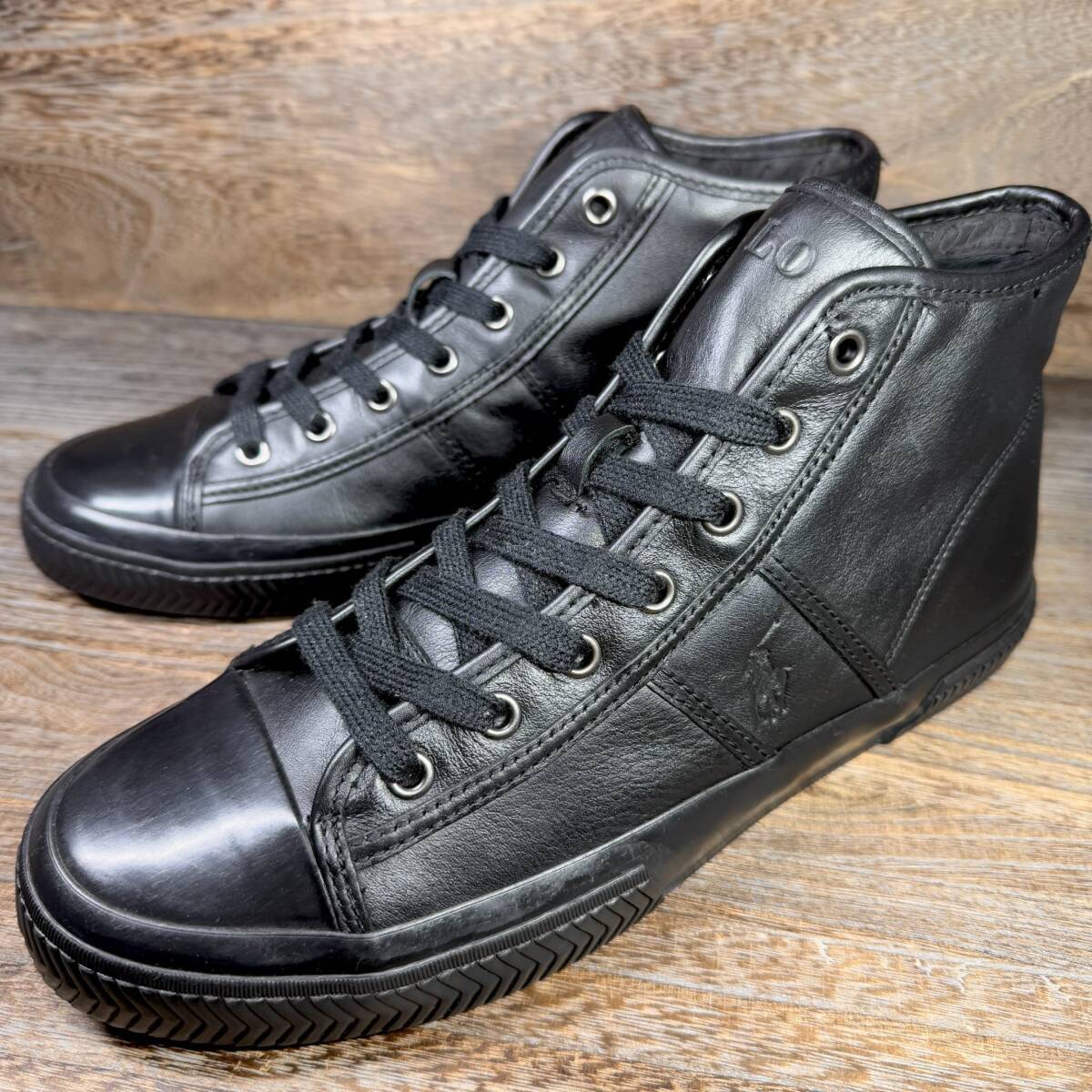 【美品】◆POLO RALPH LAUREN◆ポロ ラルフローレン 26.5cm(表記8.5)ハイカットスニーカー 黒 メンズ 革靴 靴 レザー 中古 宅急便 即決拍卖