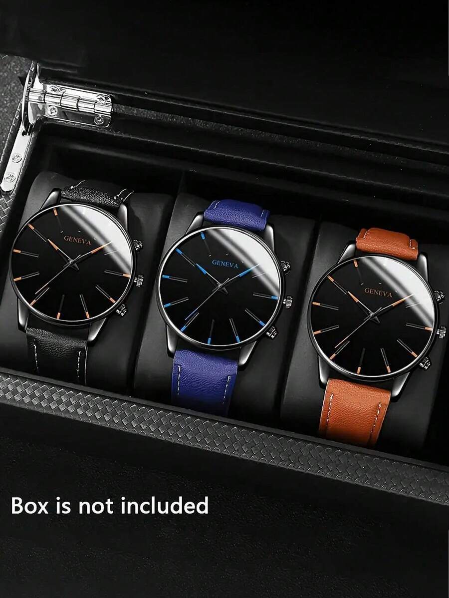 腕時計 メンズ セット 3個セット メンズクォーツ腕時計スーツ:クラシック フェイクレザーストラップ、丸型ダイアル、耐久性のある拍卖