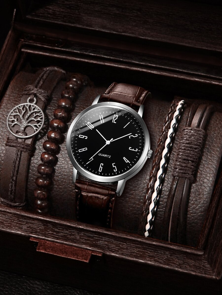 腕時計 メンズ セット 5点セット ファッショナブルシンプル メンズPUレザーバンド 電子デジタル文字盤クォーツ腕時計とブレスレッ拍卖