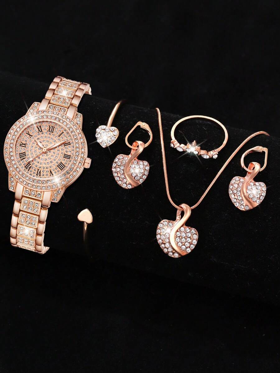 腕時計 レディース セット 6個 豪華なスタイル レディース合金スチールバンド クォーツ時計 ラインストーンセット、3目盛りローマ拍卖