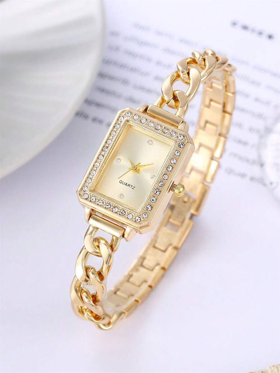 腕時計 レディース クォーツ 1個 レディースゴールドカラーメタルストラップ ファッションスクエア ピンクダイヤル クォーツ腕時計拍卖