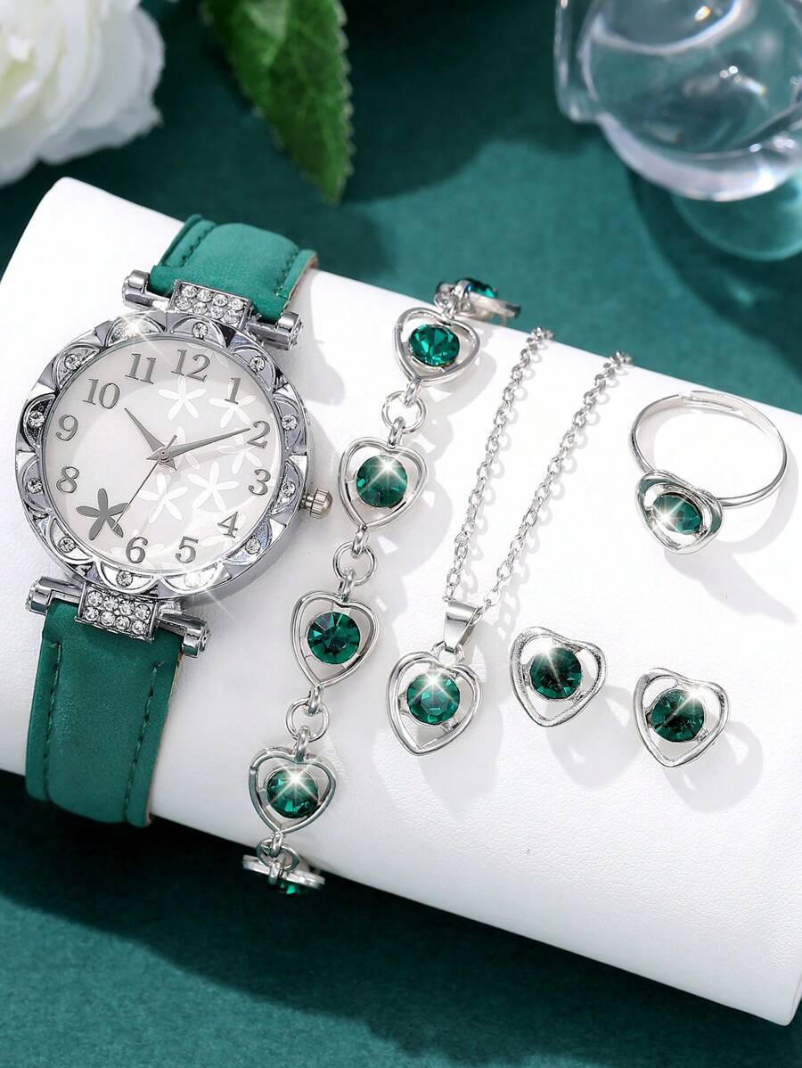 腕時計 レディース セット レディース カジュアル 6点セット クォーツ腕時計 ベルトデザイン シルバーケース グリーンとカラーダ拍卖