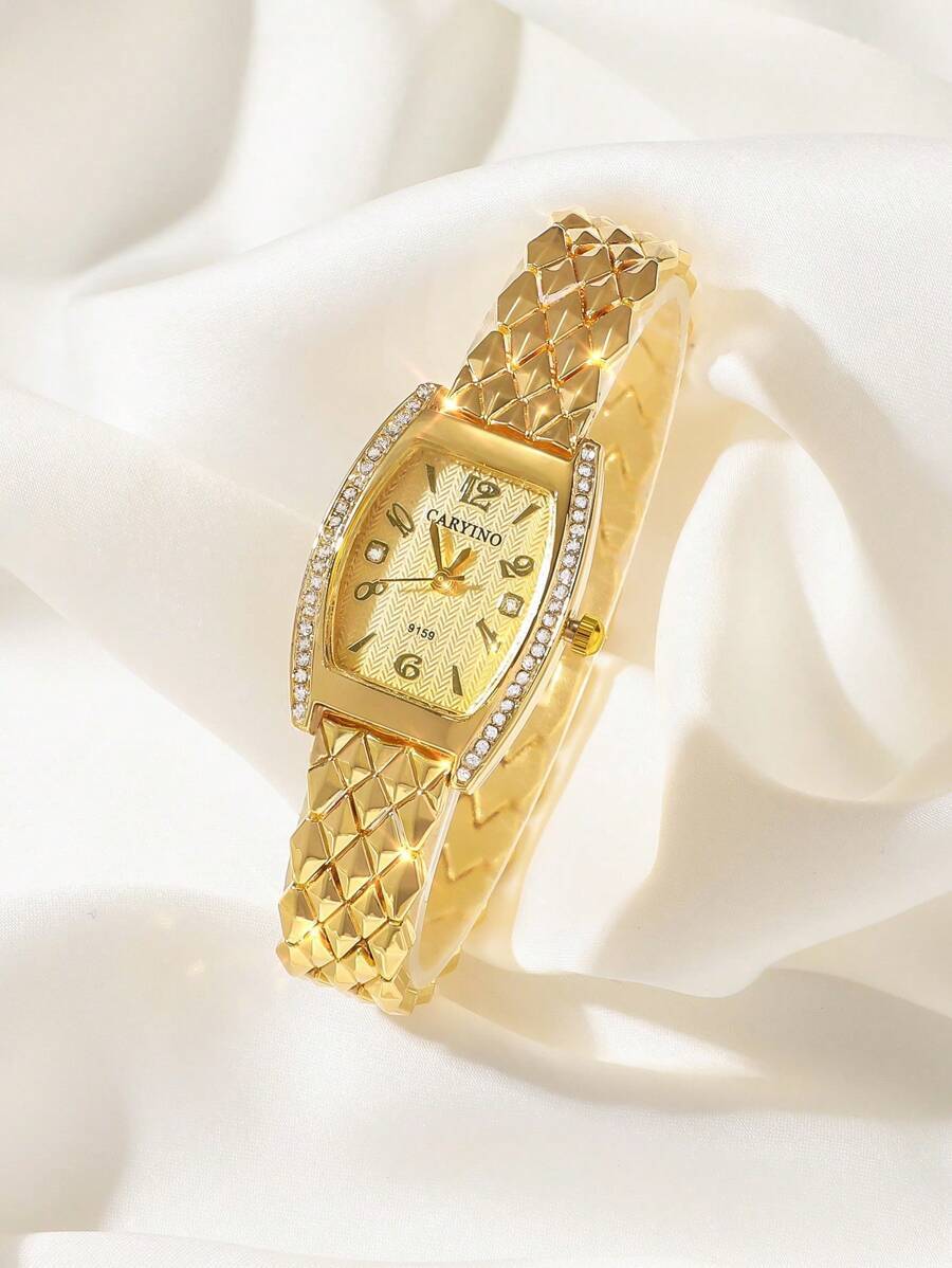 腕時計 レディース クォーツ 1個 レディース ゴールド ダイヤモンド型 ステンレススチール 腕時計バンド、クラシカル エレガン拍卖