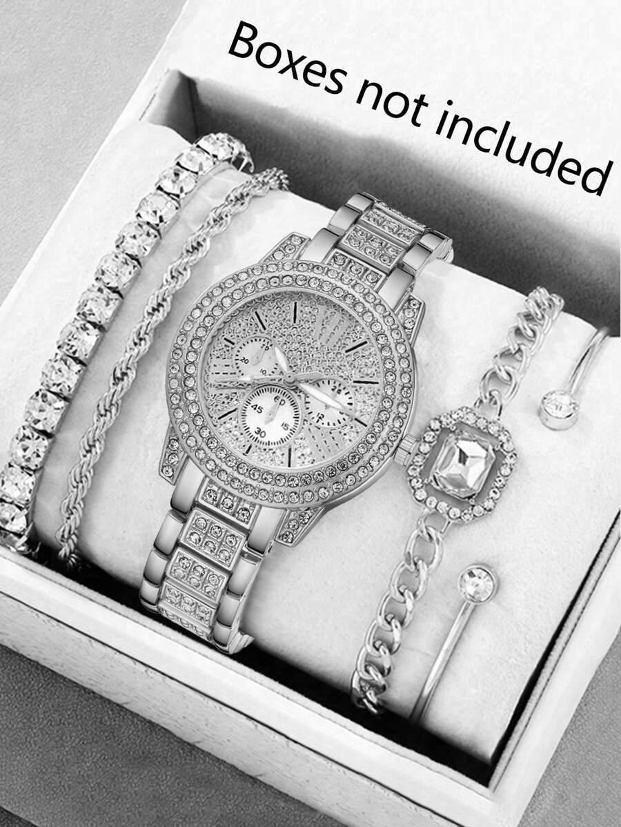 腕時計 レディース セット 5個セット シルバー合金バンド 腕時計 レディース ラグジュアリー、バーサタイル、ダイヤモンド付き ク拍卖