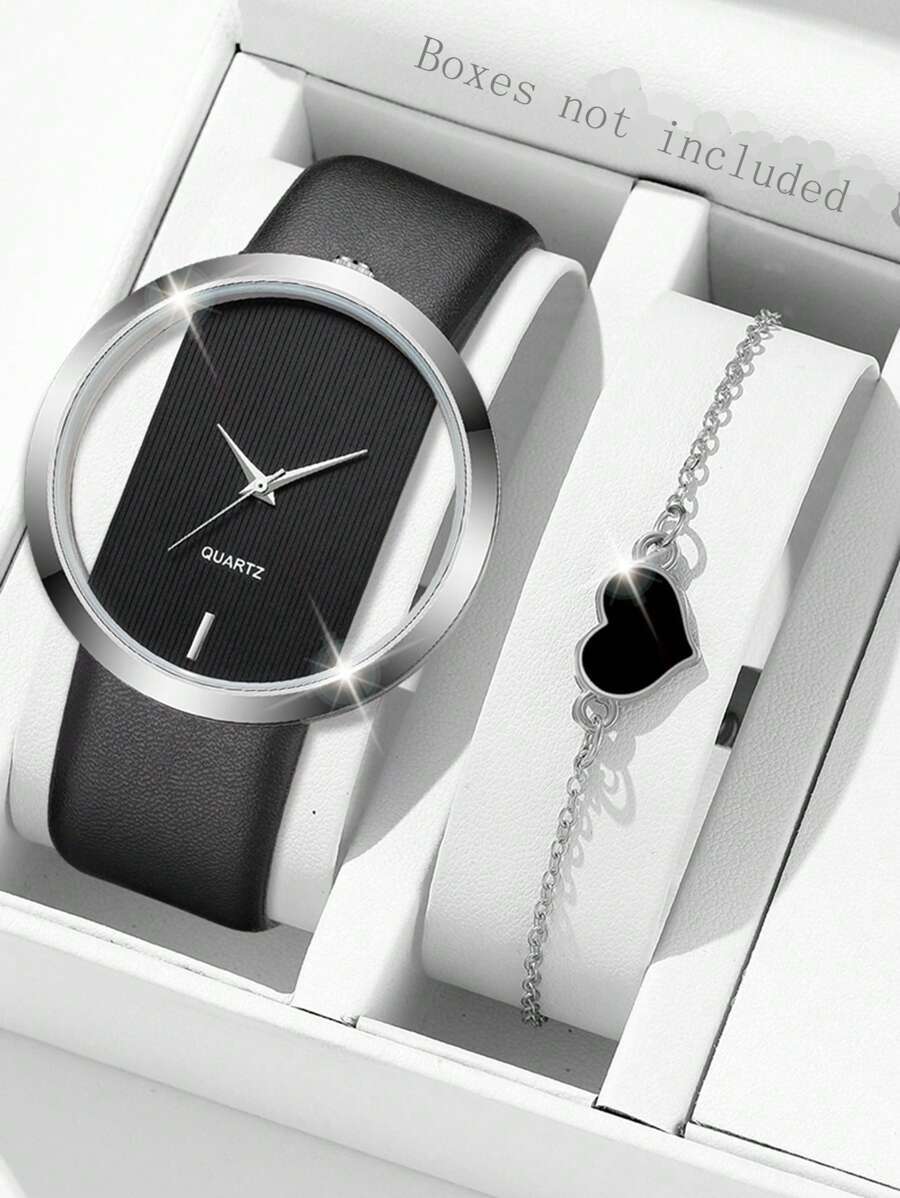 腕時計 レディース セット 2点セット レディース 黒ストラップ シンプル 中空ポインター ダイヤル クォーツウォッチ ブレスレッ拍卖
