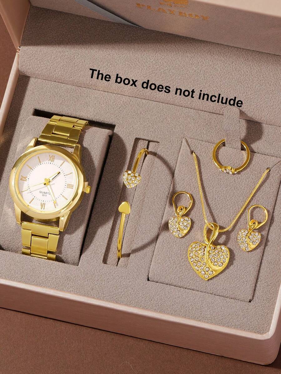 腕時計 レディース セット ファッショナブルで多用途な レディース クォーツ腕時計 6点セット。ローマン文字盤、ゴールド スチール拍卖