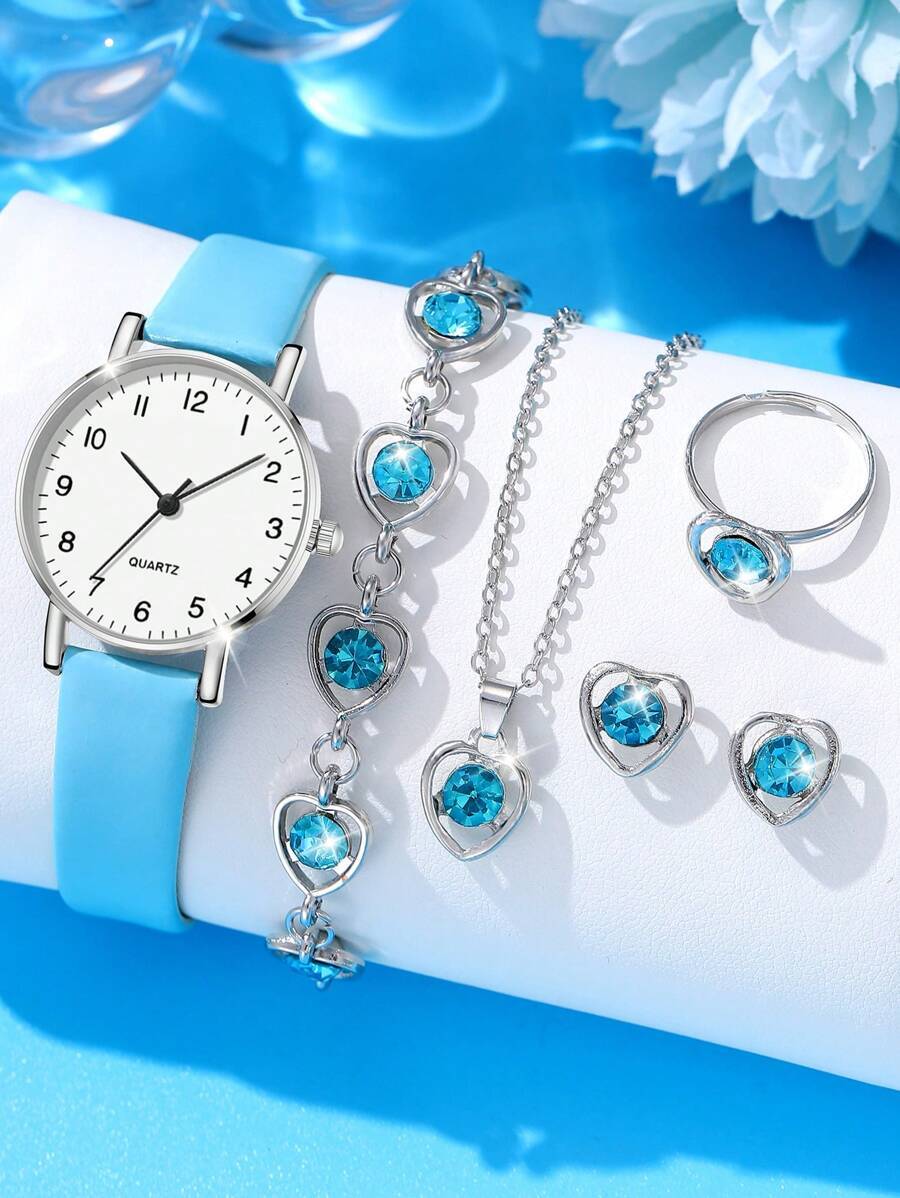 腕時計 レディース セット 女性用カジュアルクォーツ腕時計 6点セット シルバーケース グリーン アロイ カラーダイヤモンドハート拍卖