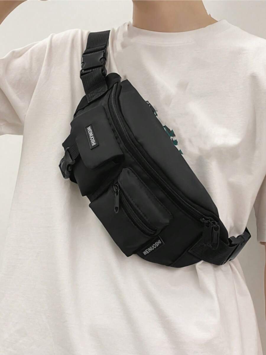 バッグ メンズ ウエストバッグ ファニーパック ミディアムサイズ レターパッチ装飾ポケット フロントスリング カレッジバッグ フレ拍卖