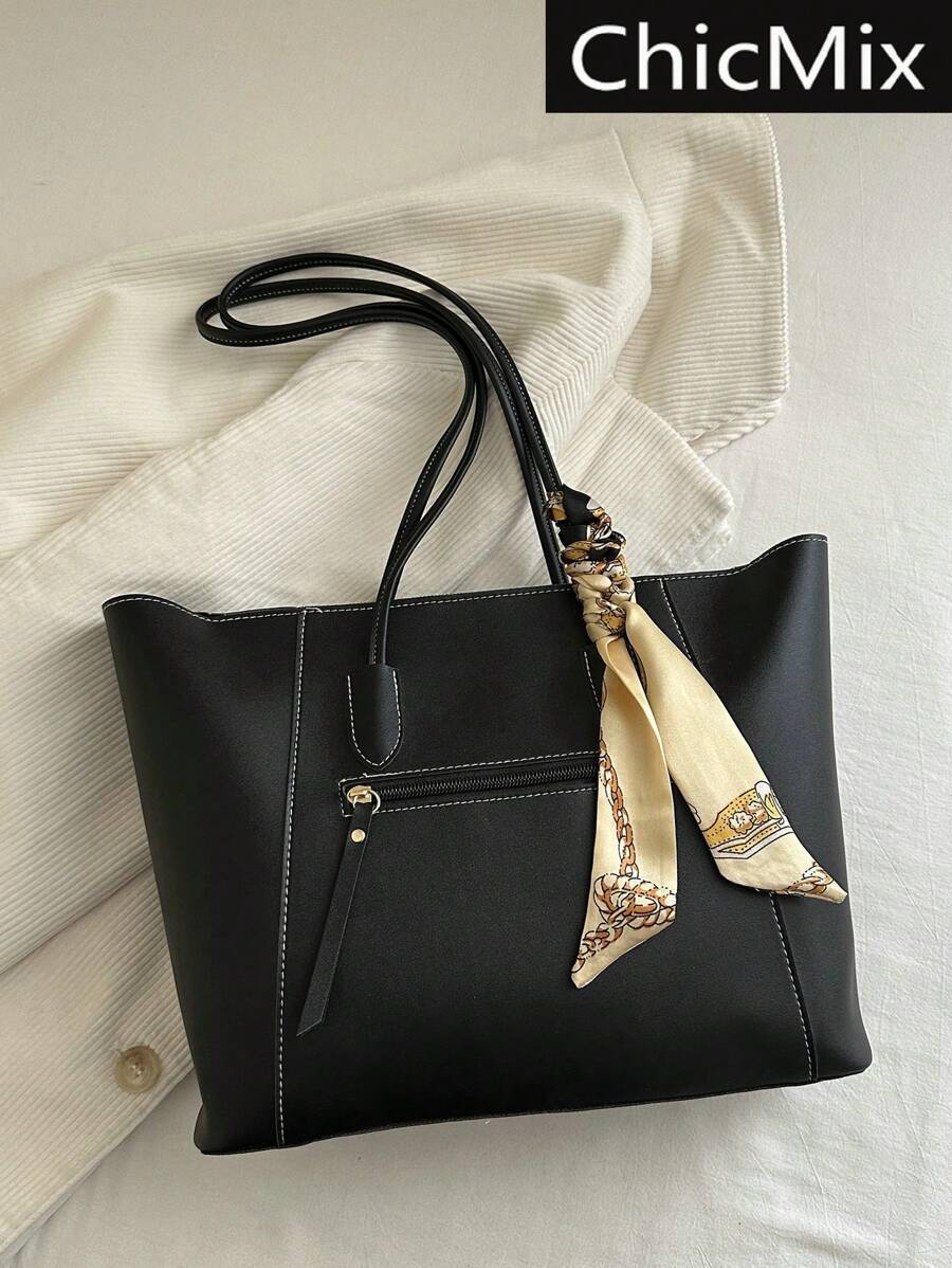 バッグ レディース トートバッグ ファッショナブルで シンプルな 無地 ジッパーサイドポケット付き レター プリントショルダーバッ拍卖