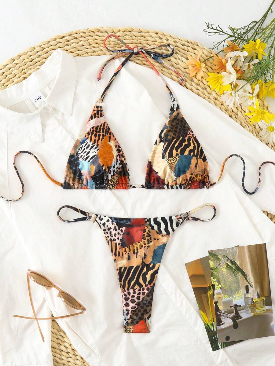 レディース 水着 ビキニセット レディース バケーション ゼブラ柄プリント ホルターネック タイ セクシー ビキニセット セパレー拍卖