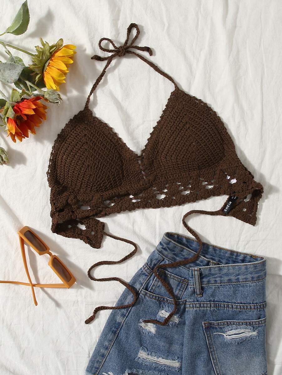 レディース 水着 トップス 無地柄 ホルター クロシェ編み ビキニトップス拍卖