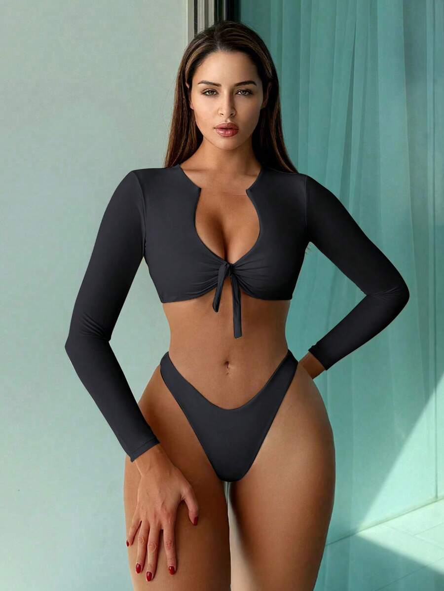 レディース 水着 ビキニセット 女性用 無地 ディープネック フロントタイ ロング袖 ビキニセット ハイレグボトム、夏のビーチ ロ拍卖