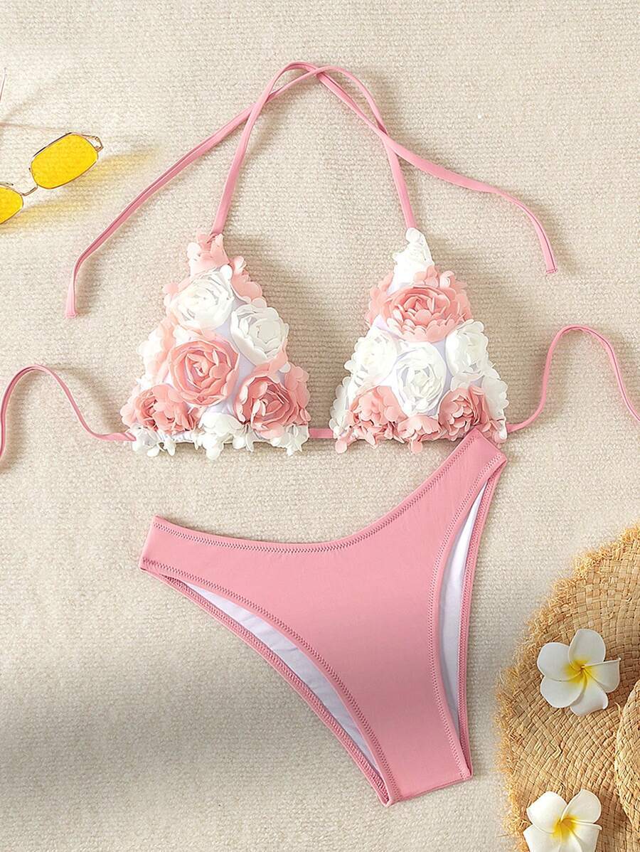 レディース 水着 ビキニセット バレンタイン 夏 ビーチ レディース 3Dフラワー ホルターネック 2ピース ビキニセット拍卖
