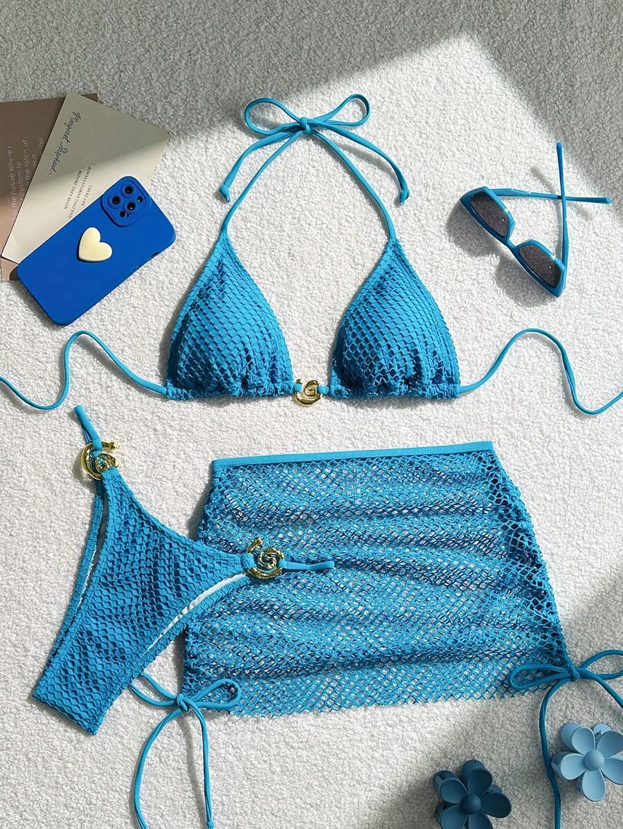 レディース 水着 ビキニセット 水着3点セット レディース ホルターネック トライアングルトップ スイムショーツ ドローストリング拍卖