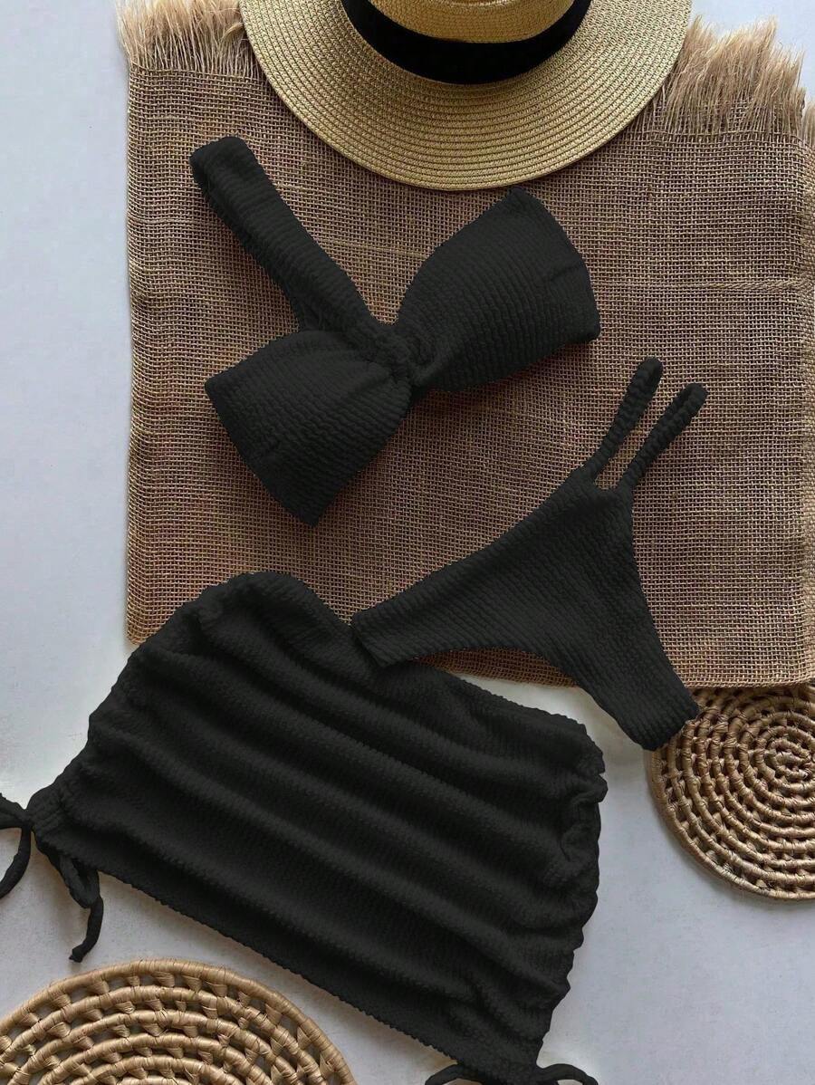 レディース 水着 ビキニセット 3枚セット セクシーなワンショルダーリブ編みビキニ水着ウィズスカート、ヨーロッパ/アメリカンスタイ拍卖