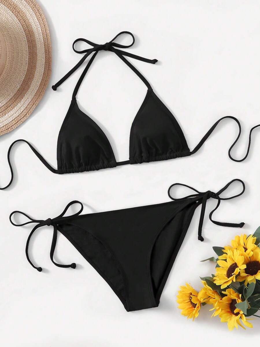 レディース 水着 ビキニセット 2025年 ソリッドカラー ホルターネック トップ&バックリボン ビキニセット 2枚組 夏のビーチ拍卖