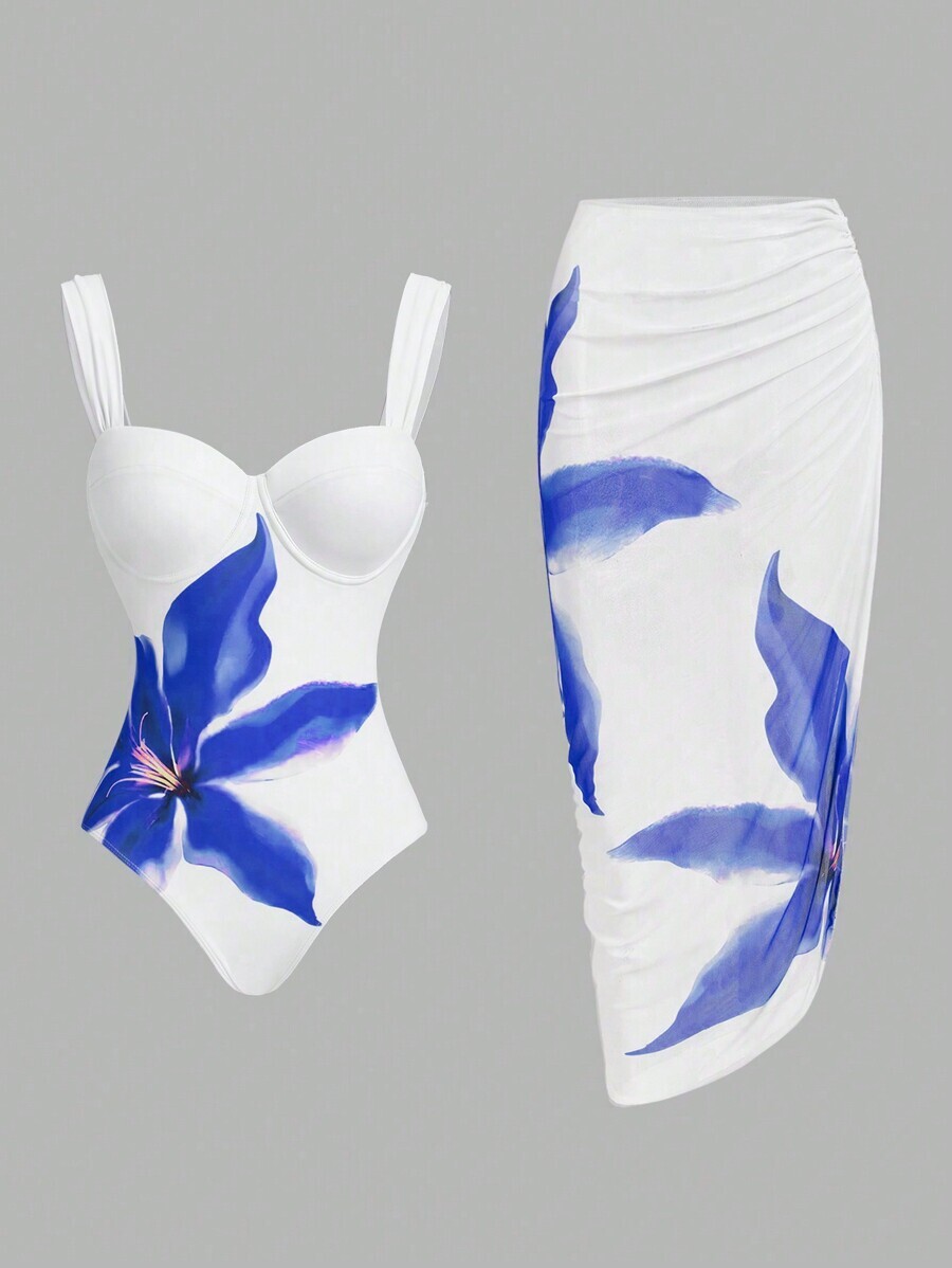 レディース 水着 ワンピース フローラル柄 ワンピース水着、スパゲッティストラップ、ラッフルカバーアップ&スカート付き、夏のビーチ拍卖