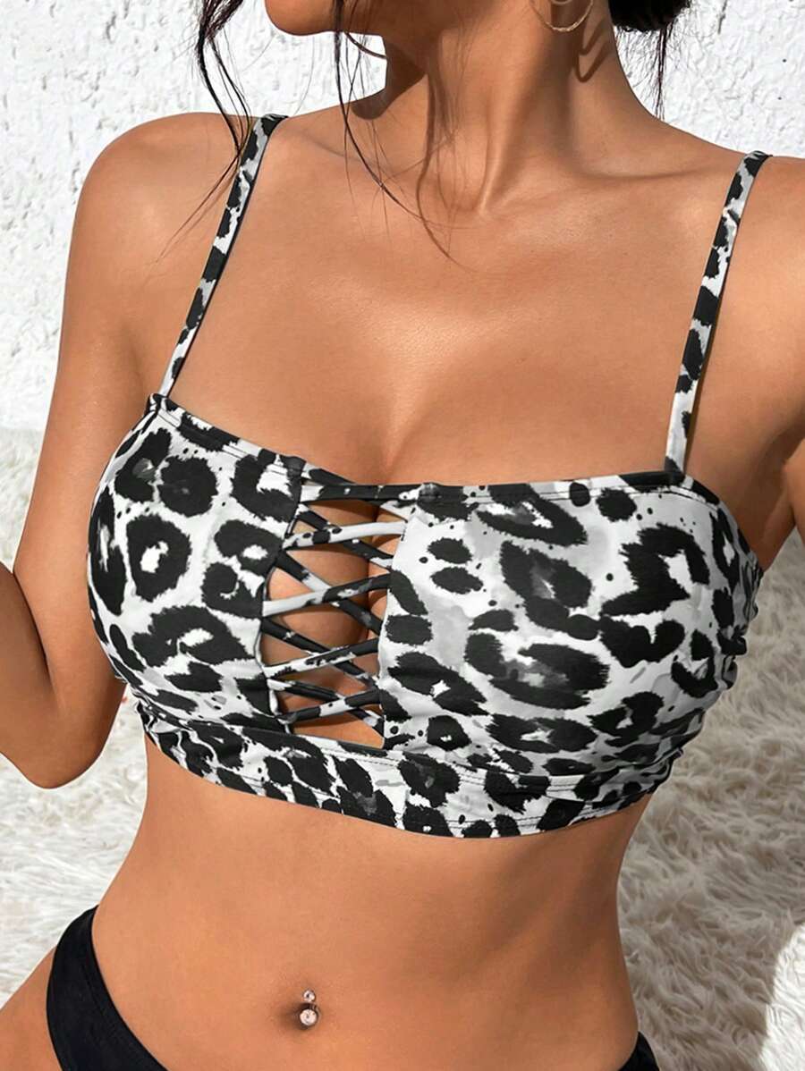 レディース 水着 トップス ヒョウ柄のホローバイキニトップ、夏のビーチに最適、スパゲッティストラップ付き拍卖
