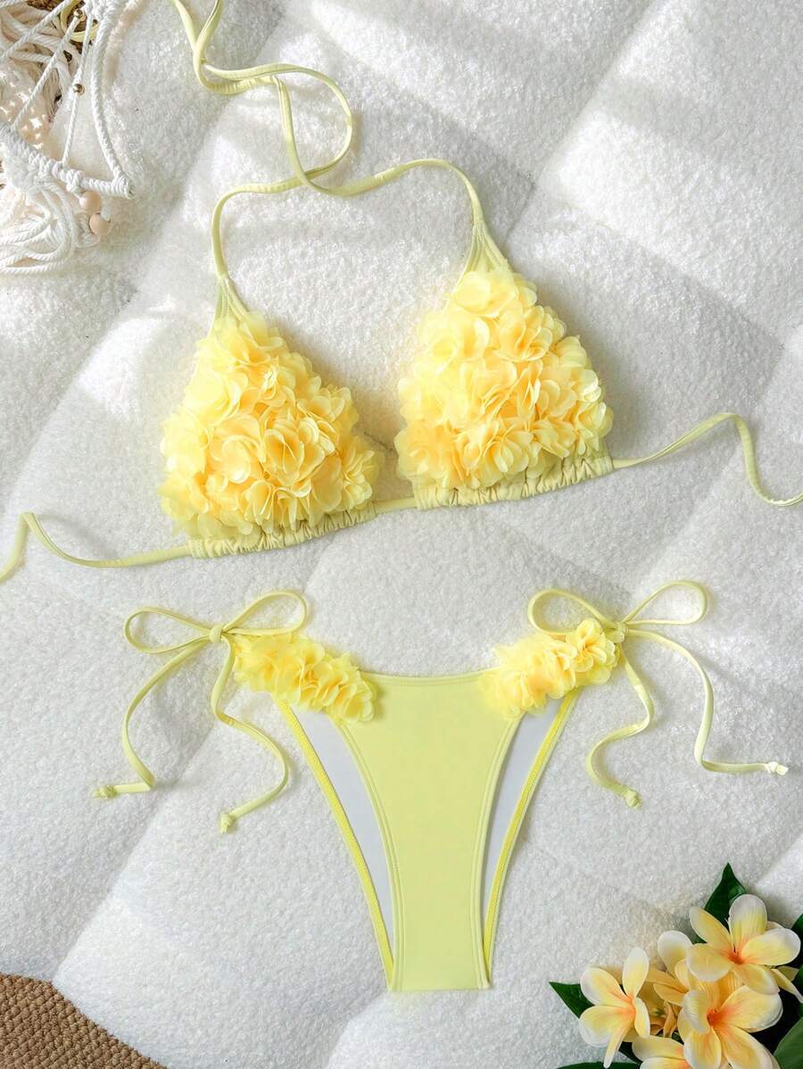 レディース 水着 ビキニセット 女性ビーチウェア、無地エレガントホルターネック スリムスパゲッティストラップ 3Dフラワーデコレー拍卖
