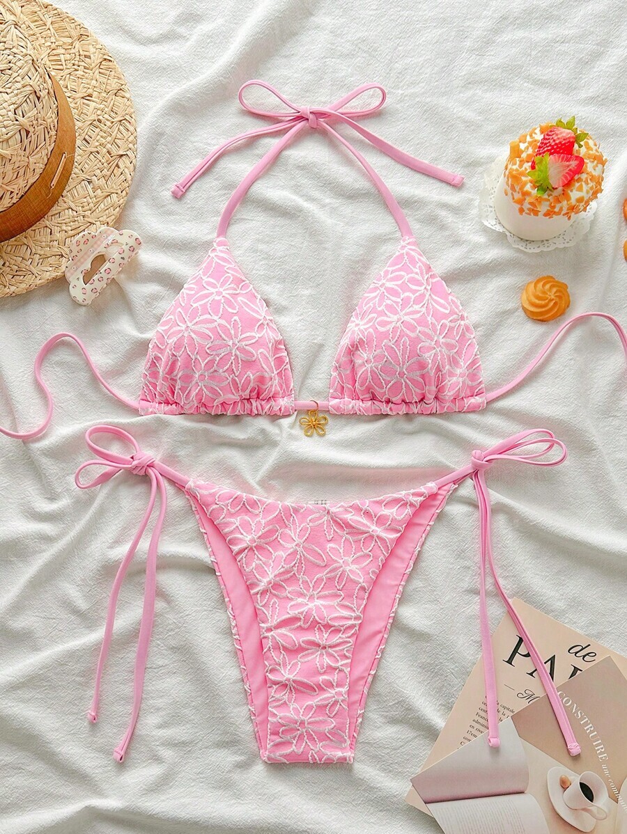 レディース 水着 ビキニセット 2枚セット 夏休み フローラルテクスチャーホルター タイサイド スカンチビキニ水着セット セクシー拍卖