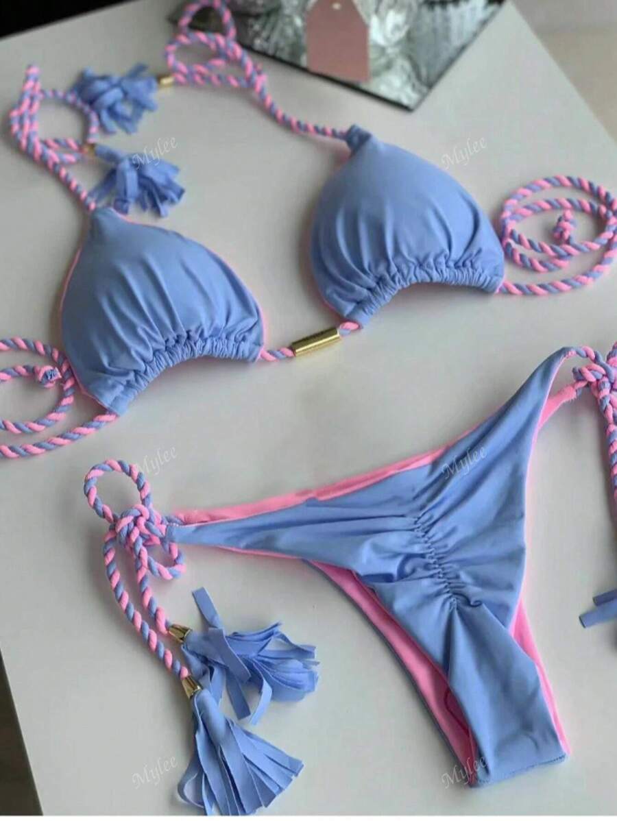 レディース 水着 ビキニセット 2ピース セクシー ホルターネック メタルデコレーション バックレス ビキニ水着、高品質 クロスボ拍卖