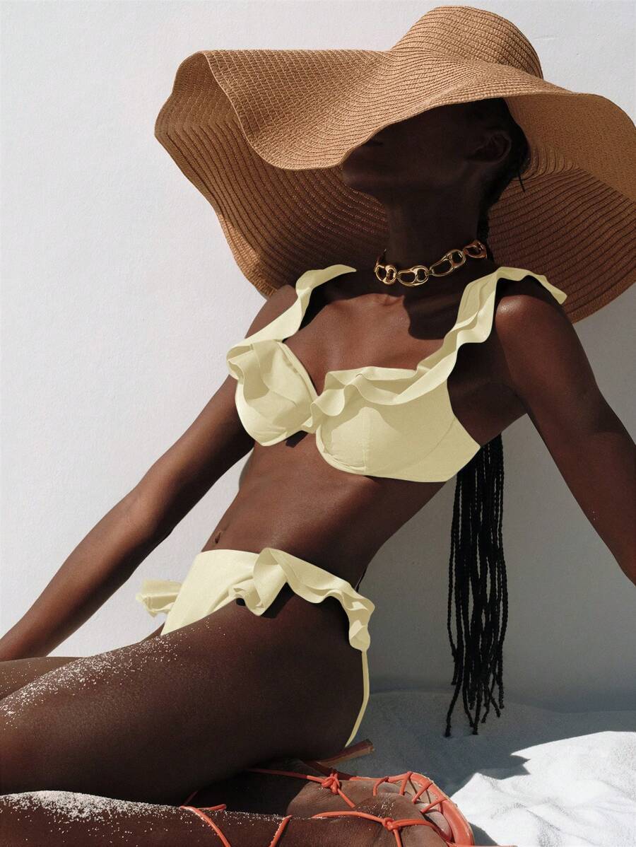 レディース 水着 ビキニセット レディース 無地 スパゲッティストラップ水着&トライアングルビキニボトム 1セット拍卖