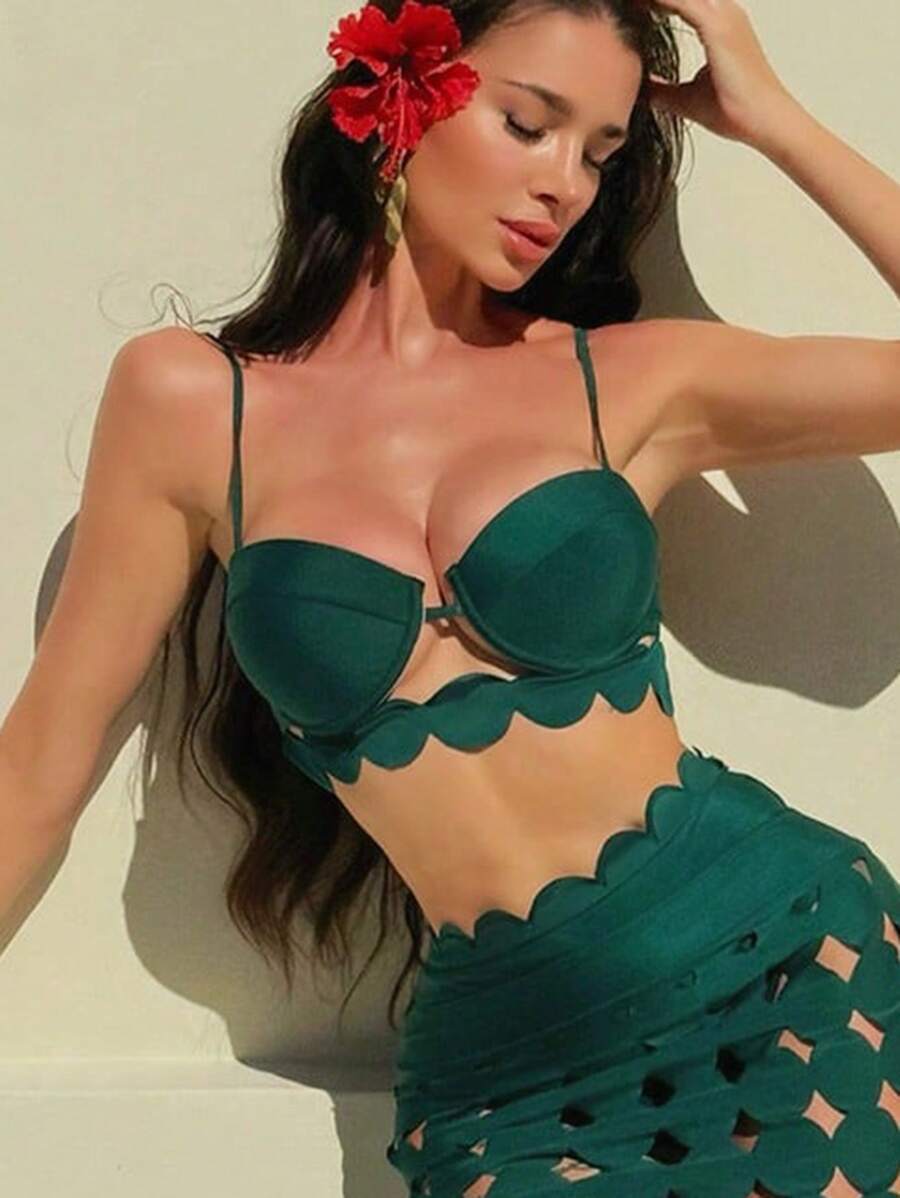 レディース 水着 トップス 1個 レディース 無地グリーン プッシュアップ水着トップ スパゲッティストラップ付き拍卖