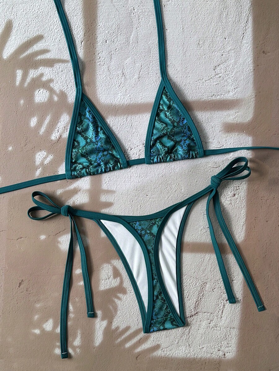 レディース 水着 ビキニセット ランダムな花柄 テクスチャード バンドゥービキニセット:ホルターブラトップ&サイドタイスリップボト拍卖