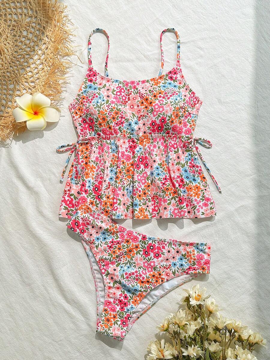 レディース 水着 ビキニセット 女性用 高伸縮性 甘い小花柄 ホリデー プール パーティー タンキニセット、夏のビーチバケーション拍卖