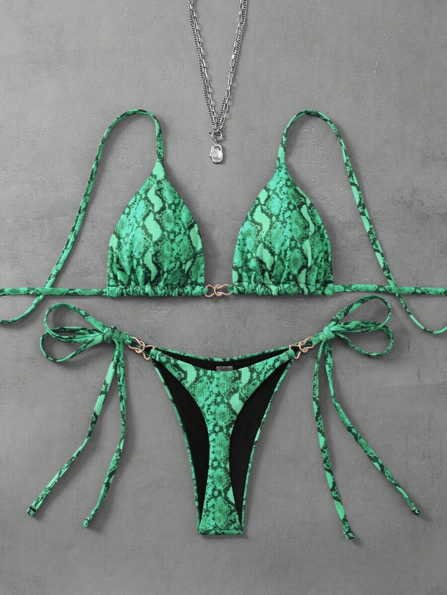 レディース 水着 ビキニセット スプリングブレーク2025 ランダムプリントホルターブラ&サイド結びビキニ2点セット拍卖