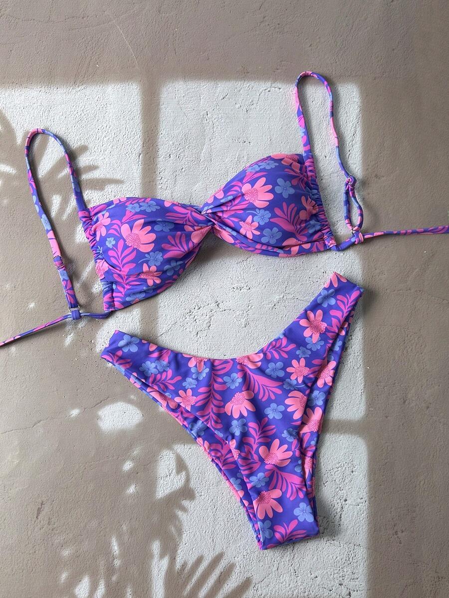 レディース 水着 ビキニセット スプリングブレイク レディース ランダムシルバー プリント スパゲッティストラップ ツイストノット拍卖