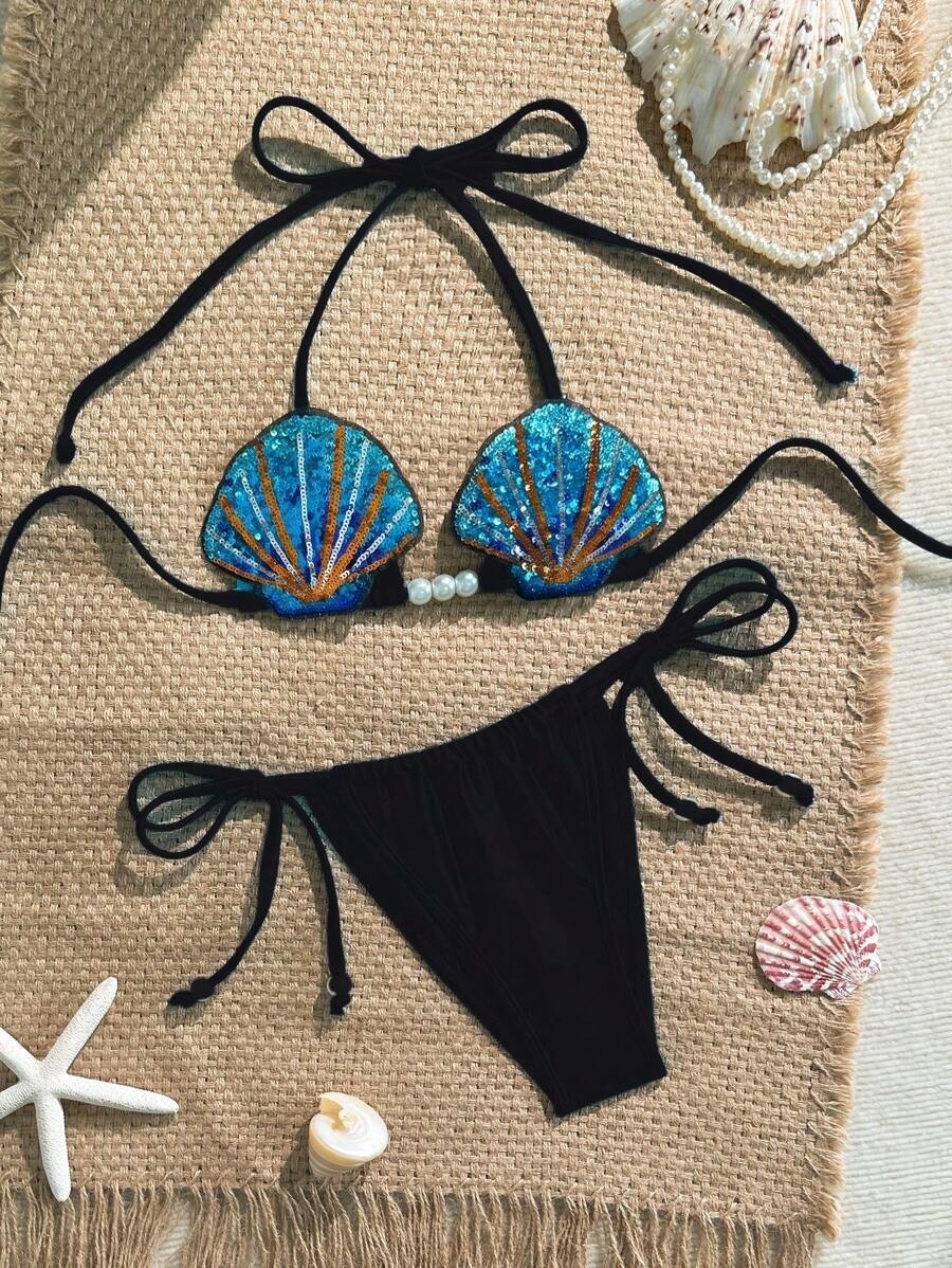 レディース 水着 ビキニセット 女性夏用セクシーな2点セット水着、型崩れしにくいカップ付き、真珠のデコレーション、光沢のある生地、拍卖