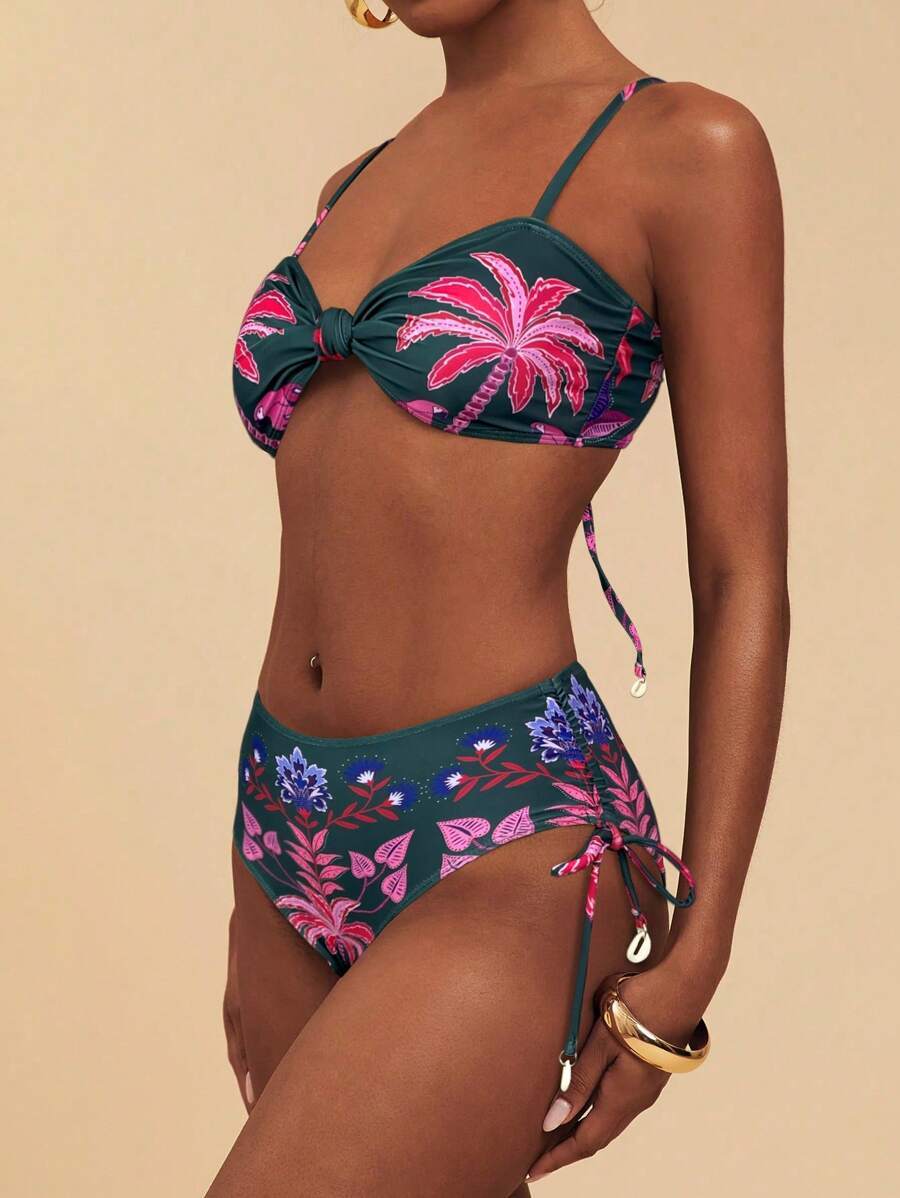 レディース 水着 ビキニセット 女性ファッション パームツリー プリント ツイスト タイサイド ビキニセット、夏の休暇スイムウェア拍卖