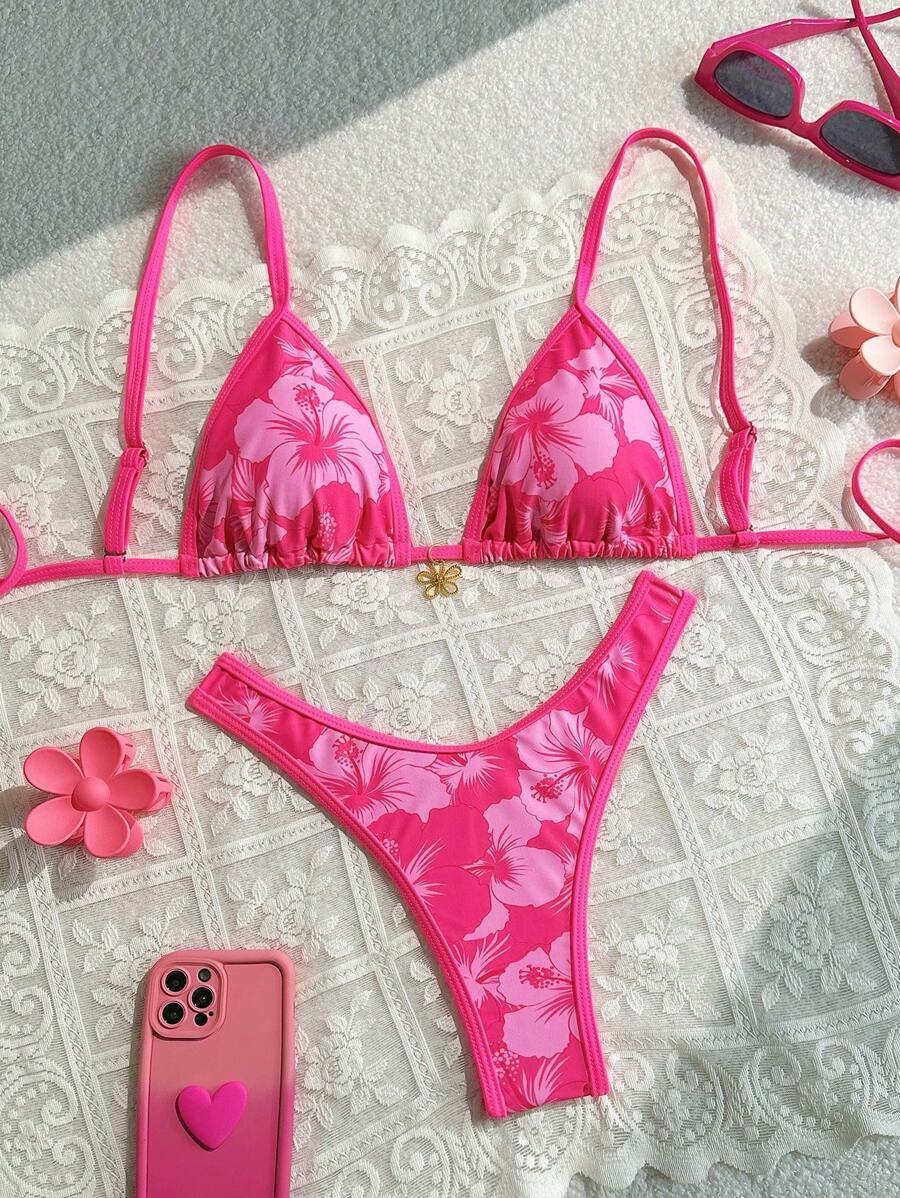 レディース 水着 ビキニセット ランダム フラワープリント メタリック装飾 スパゲッティストラップトップ & ハイカット水着パンツ拍卖