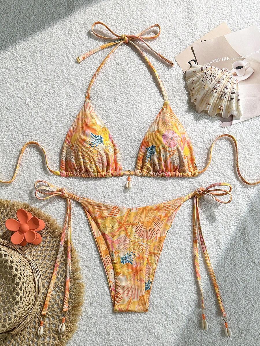 レディース 水着 ビキニセット 2点セット、夏の休暇 ランダム柄 & リブ 素材 シェルデコレーション ホルターネック トライアン拍卖