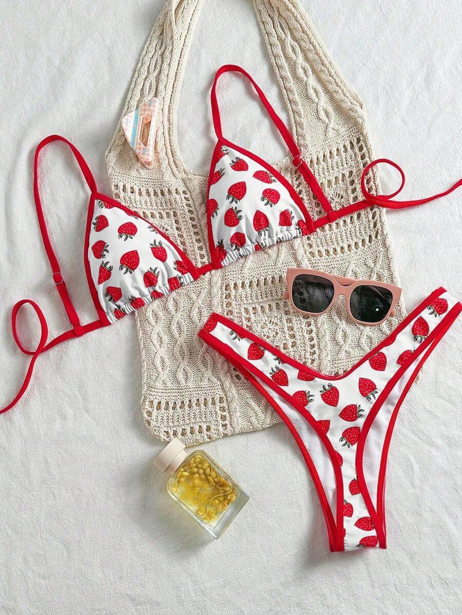 レディース 水着 ビキニセット いちご柄スパゲッティストラップトライアングルカップハイカットビーチリゾートビキニセット拍卖