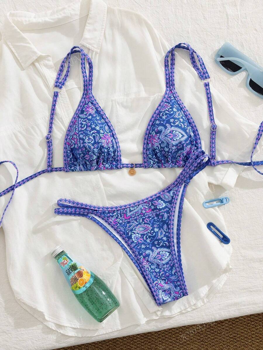 レディース 水着 ビキニセット ブルーフローラル柄ビーチウェア パーティーバイキニ セット ソフトパディング 厚手ストラップ 調整拍卖